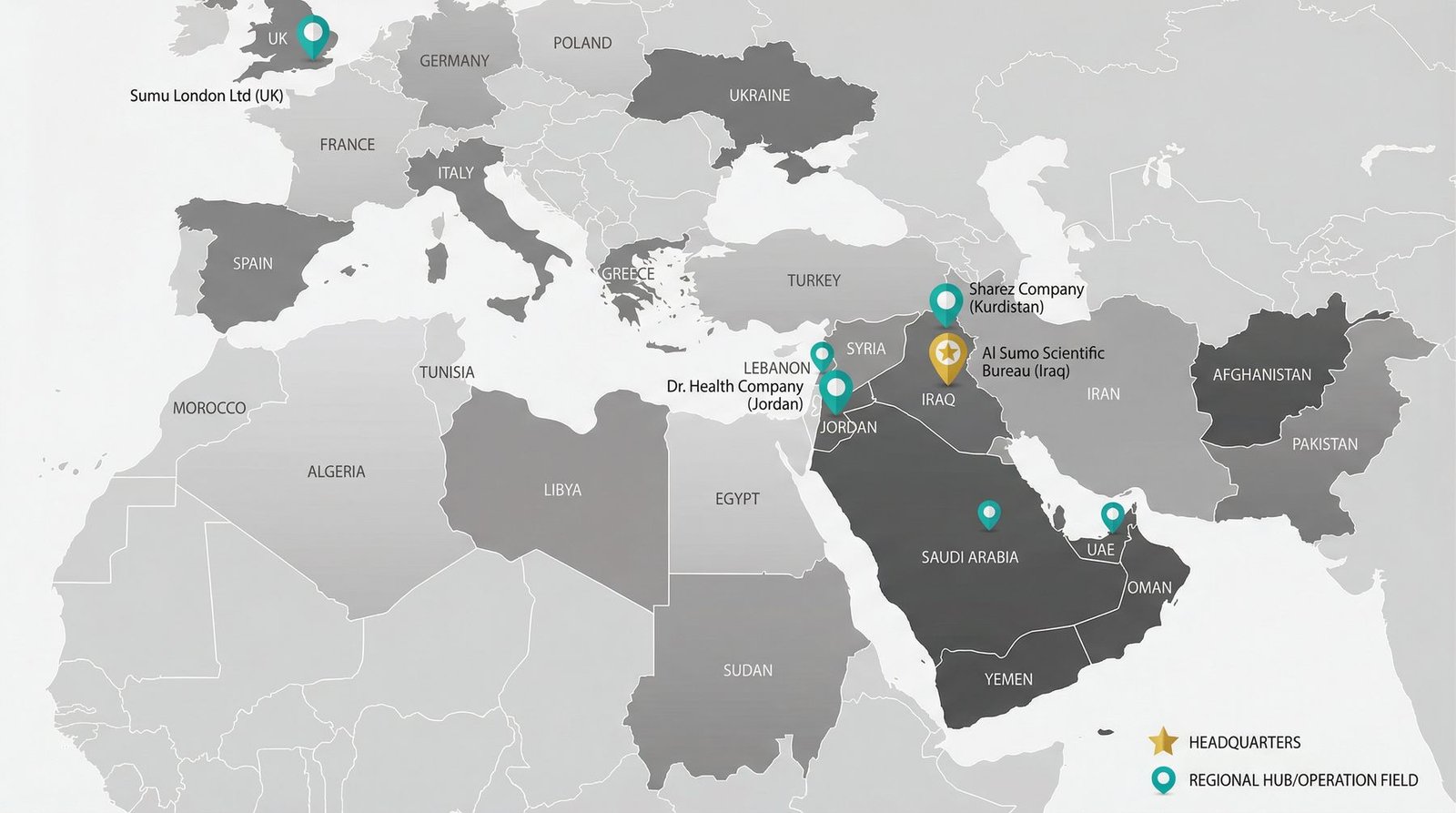خريطة إقليمية تُظهر شركات مجموعة السمو في العراق والأردن والمملكة المتحدة والسعودية والإمارات